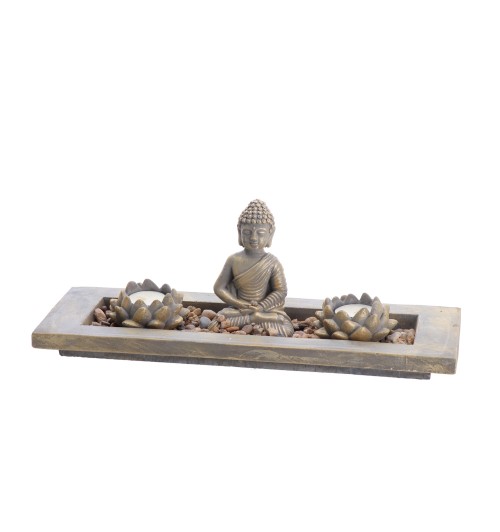 Decorazione in cemento con Buddha e 2 porta candela tea light - cm. 40 x 14 x h. cm. 12