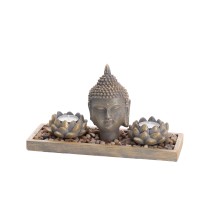 Decorazione in cemento con testa di Buddha e 2 porta candela tea light - cm. 27,5 x 10 x h. cm. 16