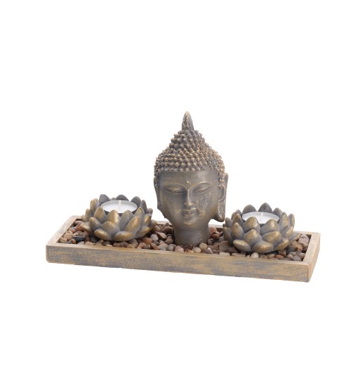 Decorazione in cemento con testa di Buddha e 2 porta candela tea light - cm. 27,5 x 10 x h. cm. 16